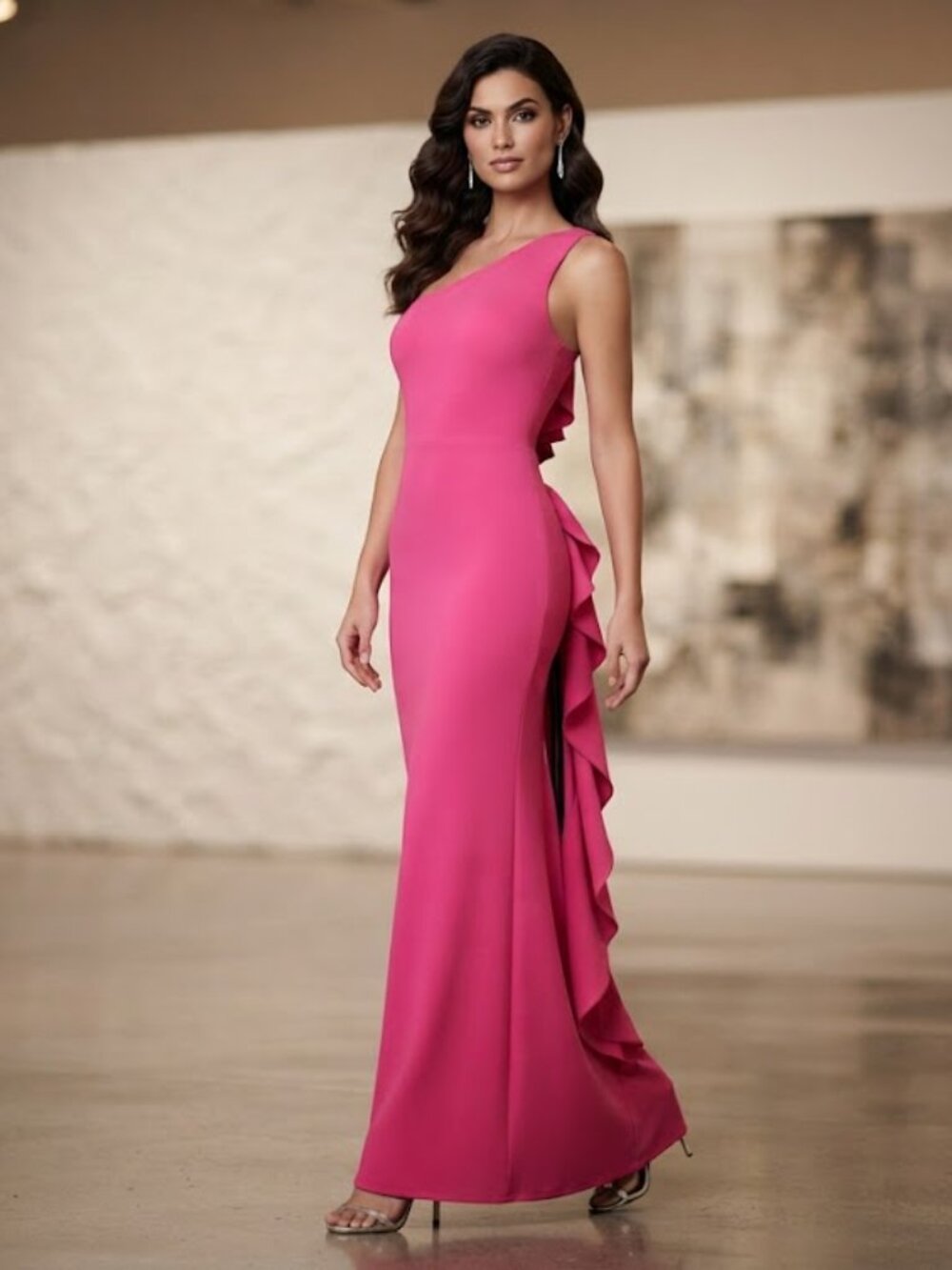 Aida Hot Pink One Shoulder Ruffle Back Maxi GownDress Sz 4 Formal Gala Barbiere